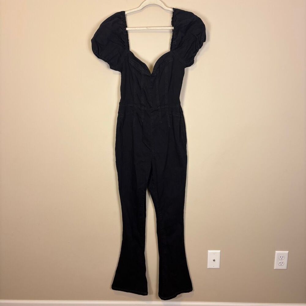 We The Free Free People Black Short Sleeve Sweetheart Neckline Denim Jumpsuit M